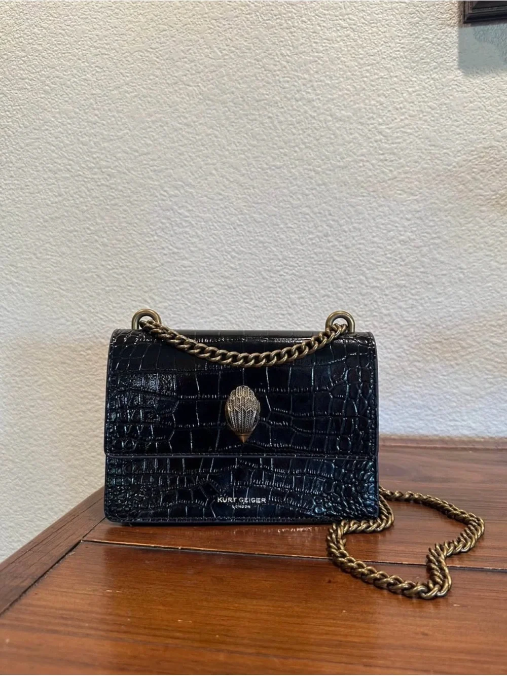 Kurt Geiger Black Croc Leather Chain Shoulder Bag